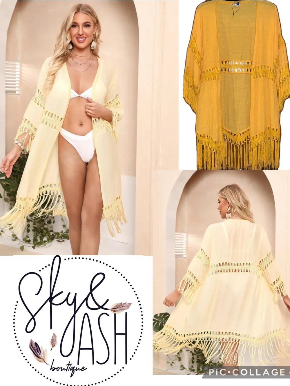 Sky & Ash Vivid Yellow Hollow Out Fringe Tassel Open Front Kimono Cover-Up